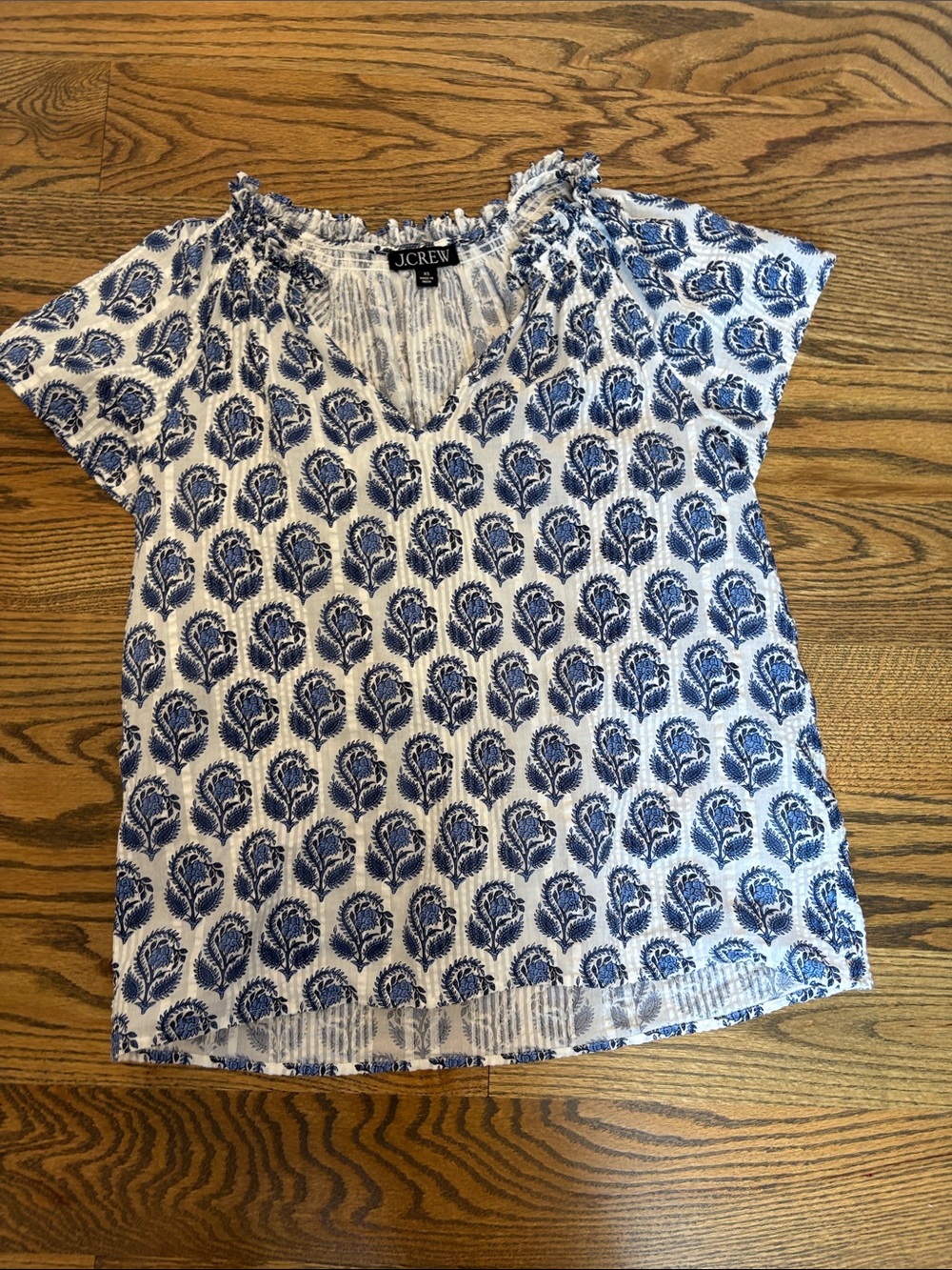 J. Crew White Blouse with Blue Floral Block Print Motif, XS
